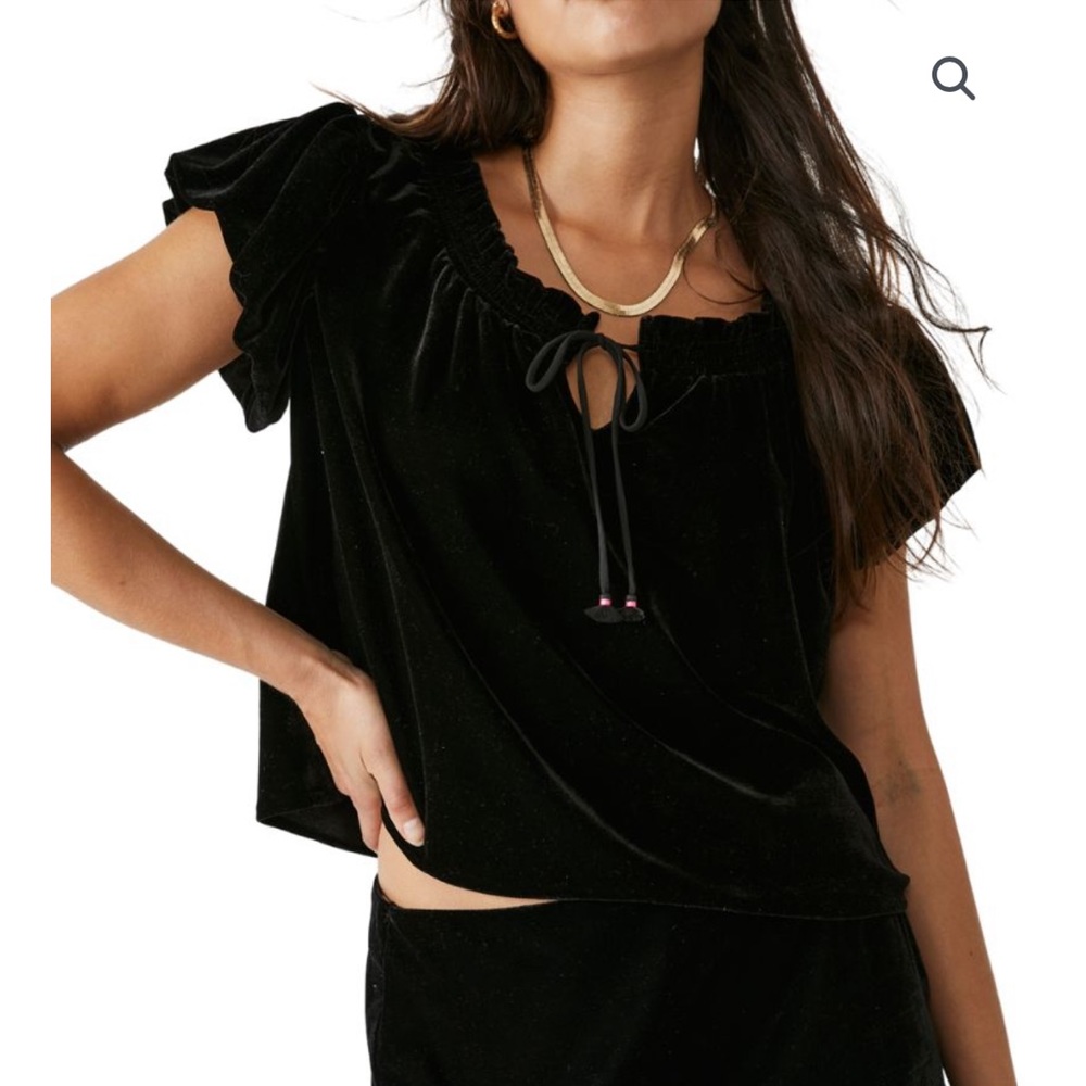 NWT free people black velvet puff sleeve bow top
